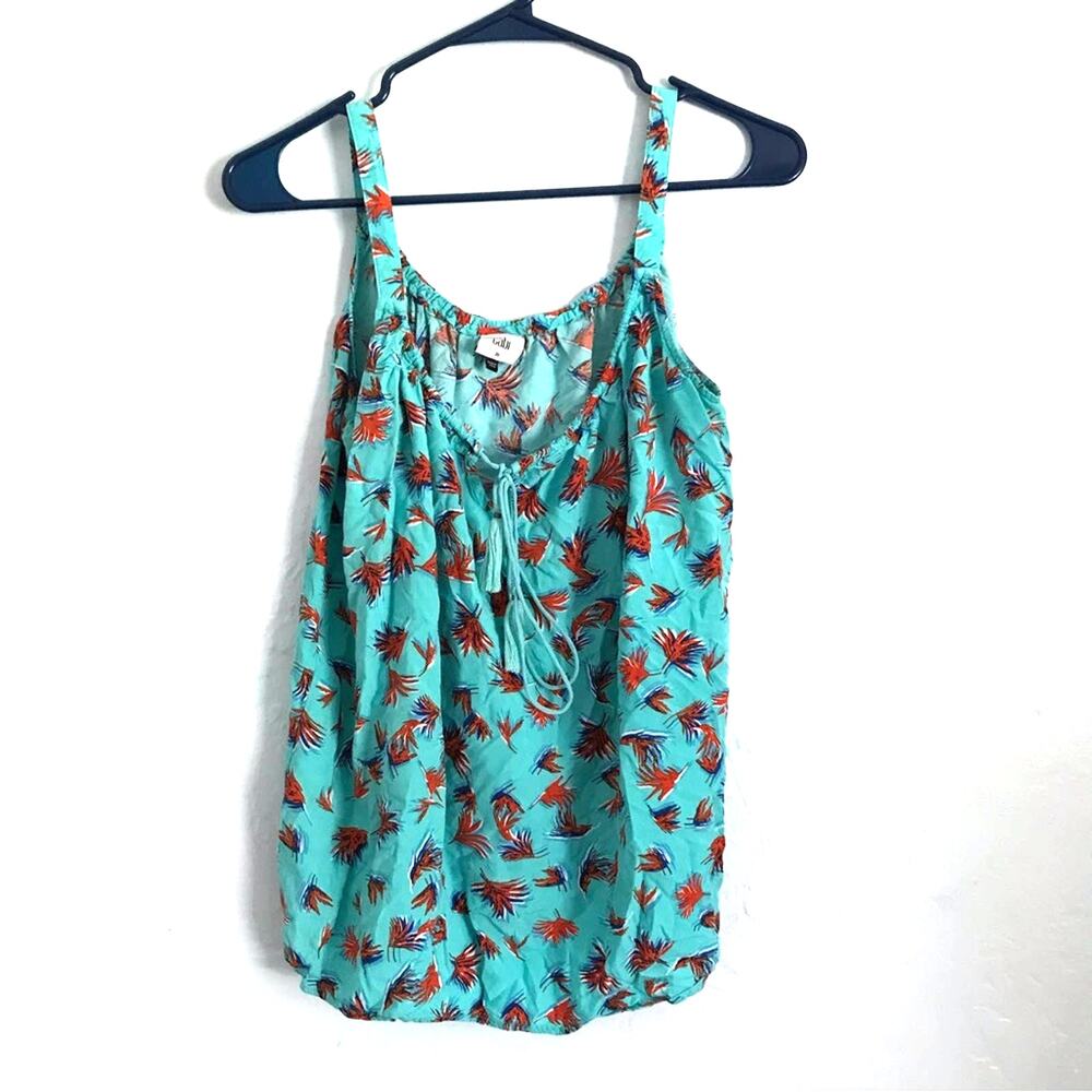Cabi Cami Tassel Tank Top Women's Size M Turquoise Scoop Neck Tropical palm